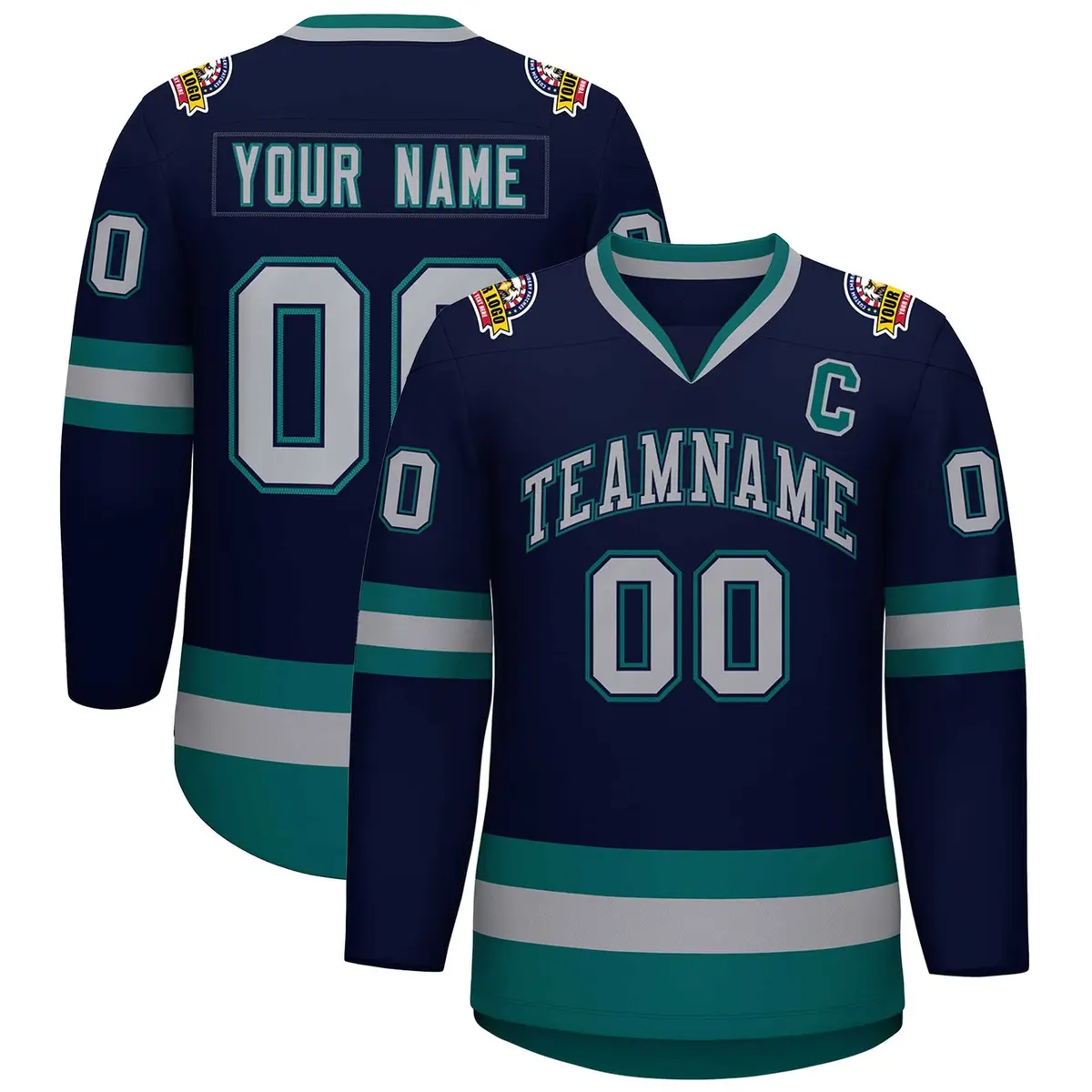 Navy Gray Navy-Aqua Classic Hockey Jersey