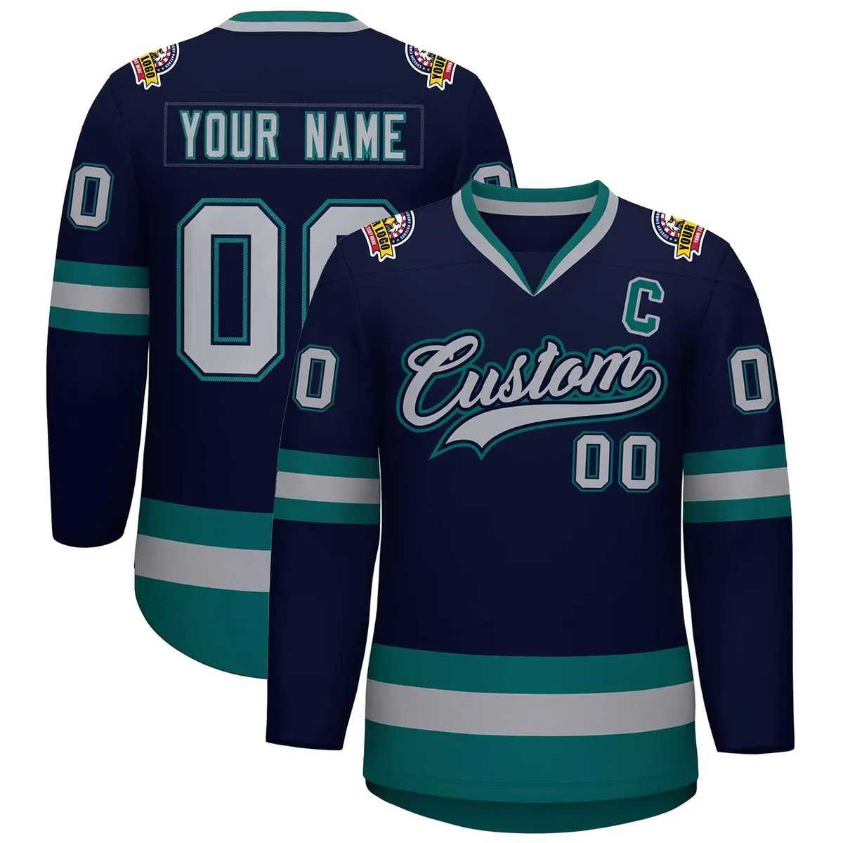 Navy Gray Navy-Aqua Classic Hockey Jersey