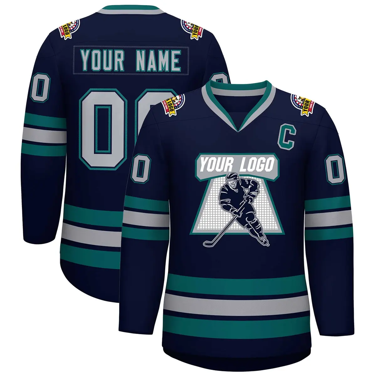 Navy Gray Navy-Aqua Classic Hockey Jersey