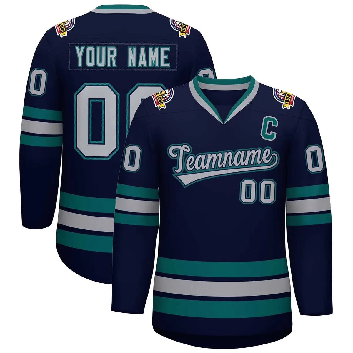 Navy Gray Navy-Aqua Classic Hockey Jersey