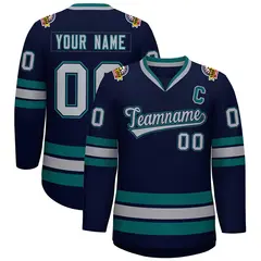 Navy Gray Navy-Aqua Classic Hockey Jersey 1