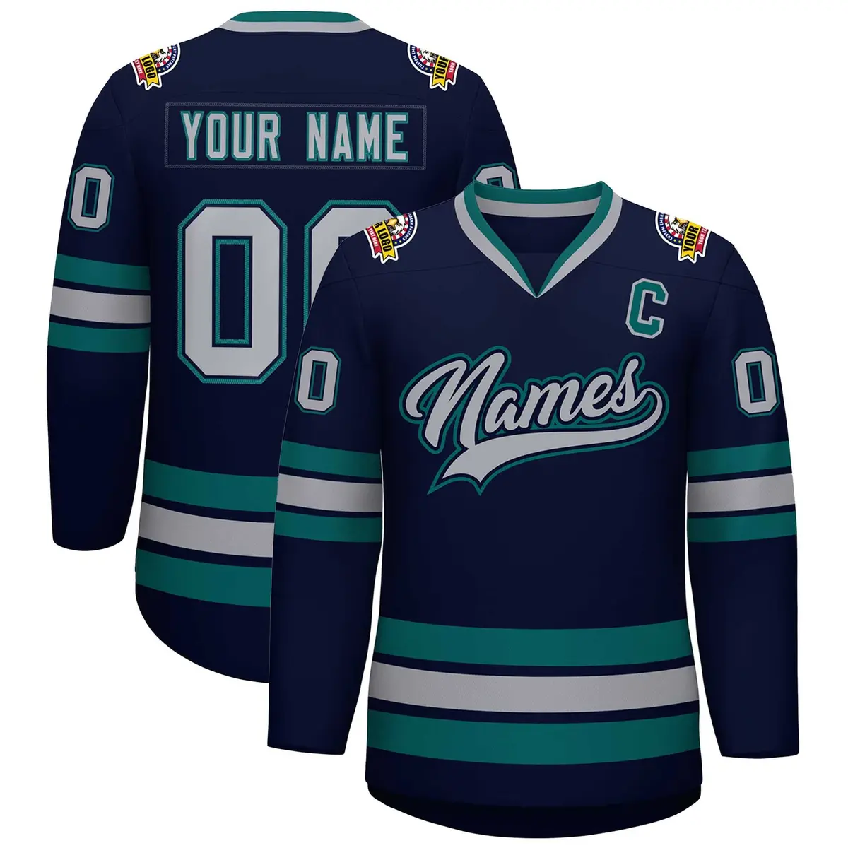 Navy Gray Navy-Aqua Classic Hockey Jersey