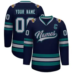 Navy Gray Navy-Aqua Classic Hockey Jersey 1