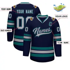 Navy Gray Navy-Aqua Classic Hockey Jersey 2