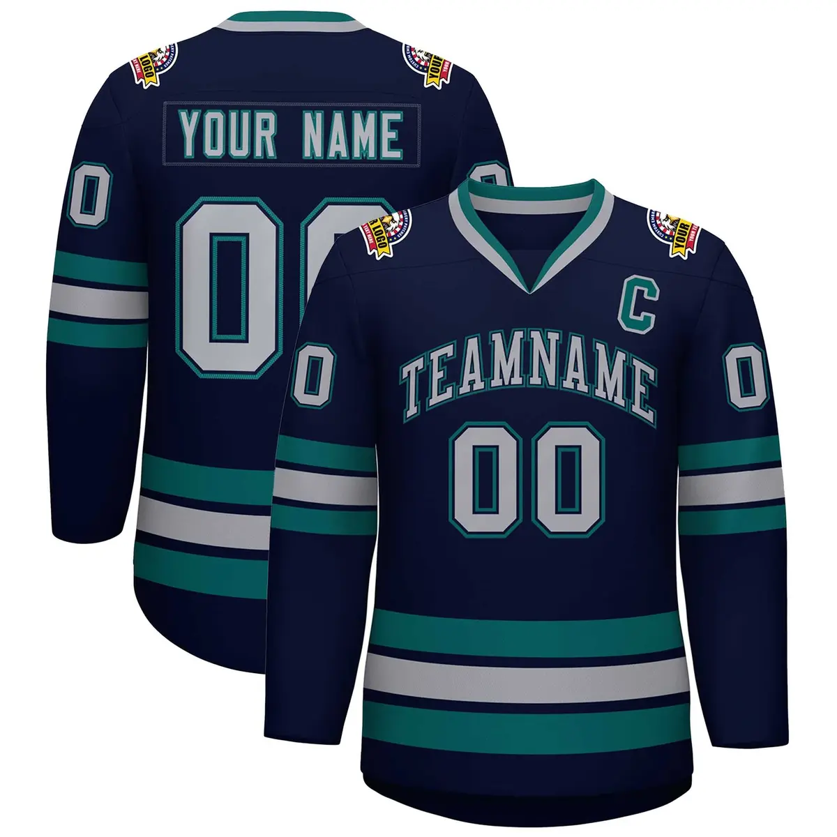 Navy Gray Navy-Aqua Classic Hockey Jersey