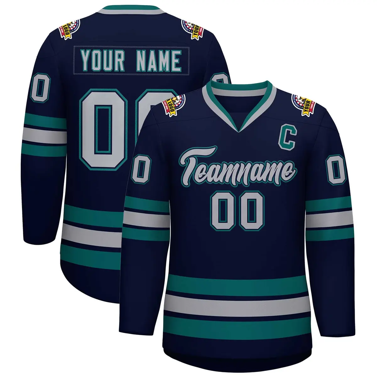 Navy Gray Navy-Aqua Classic Style Hockey Jersey