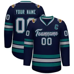 Navy Gray Navy-Aqua Classic Style Hockey Jersey 1