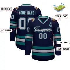 Navy Gray Navy-Aqua Classic Style Hockey Jersey 2