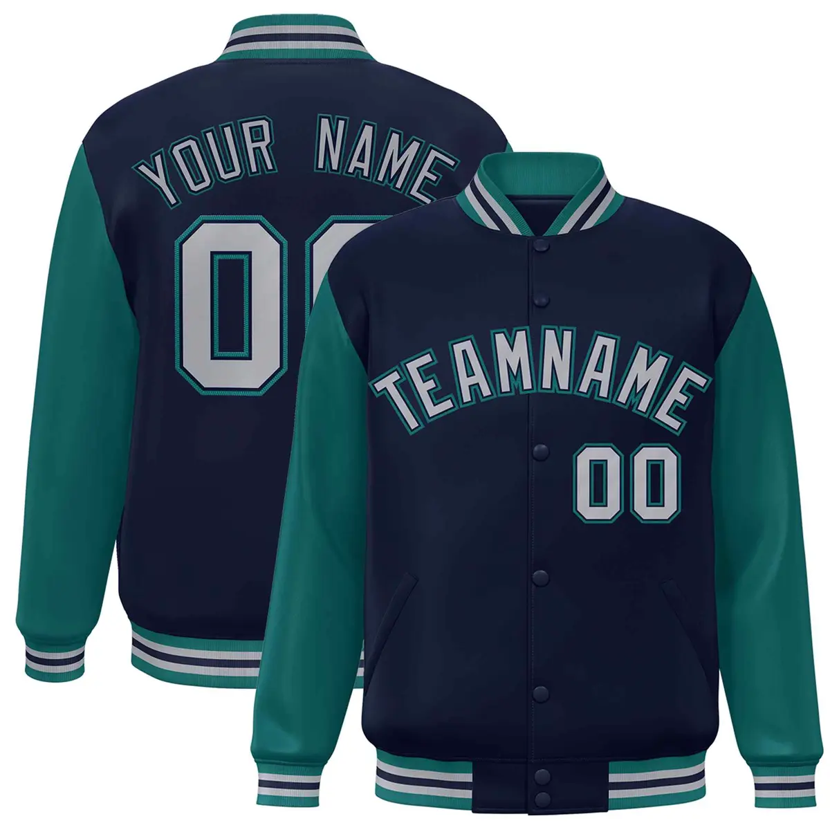 Navy Gray-Navy Raglan Varsity Full-Snap Letterman Jacket
