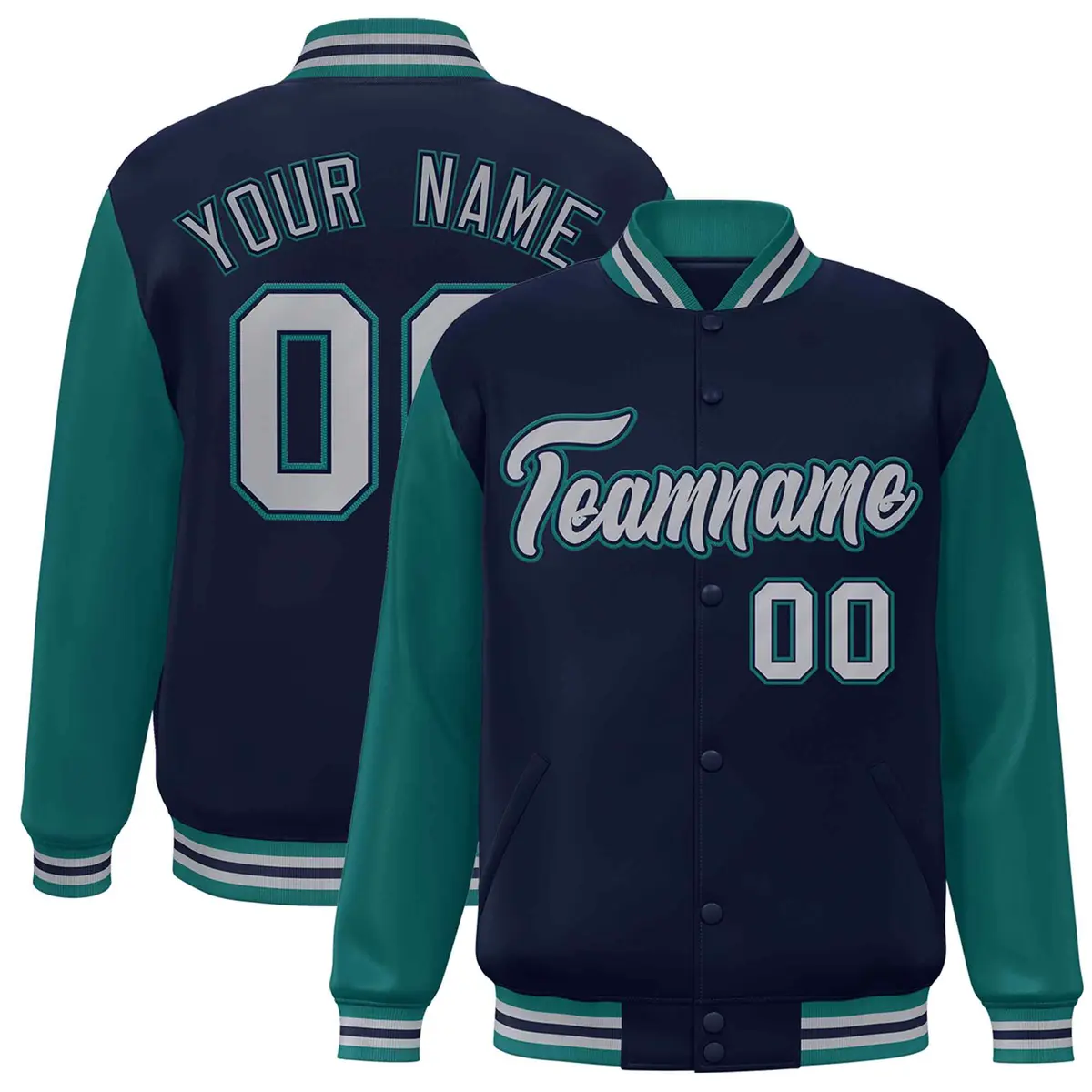 Navy Gray-Navy Raglan Varsity Full-Snap Letterman Jacket
