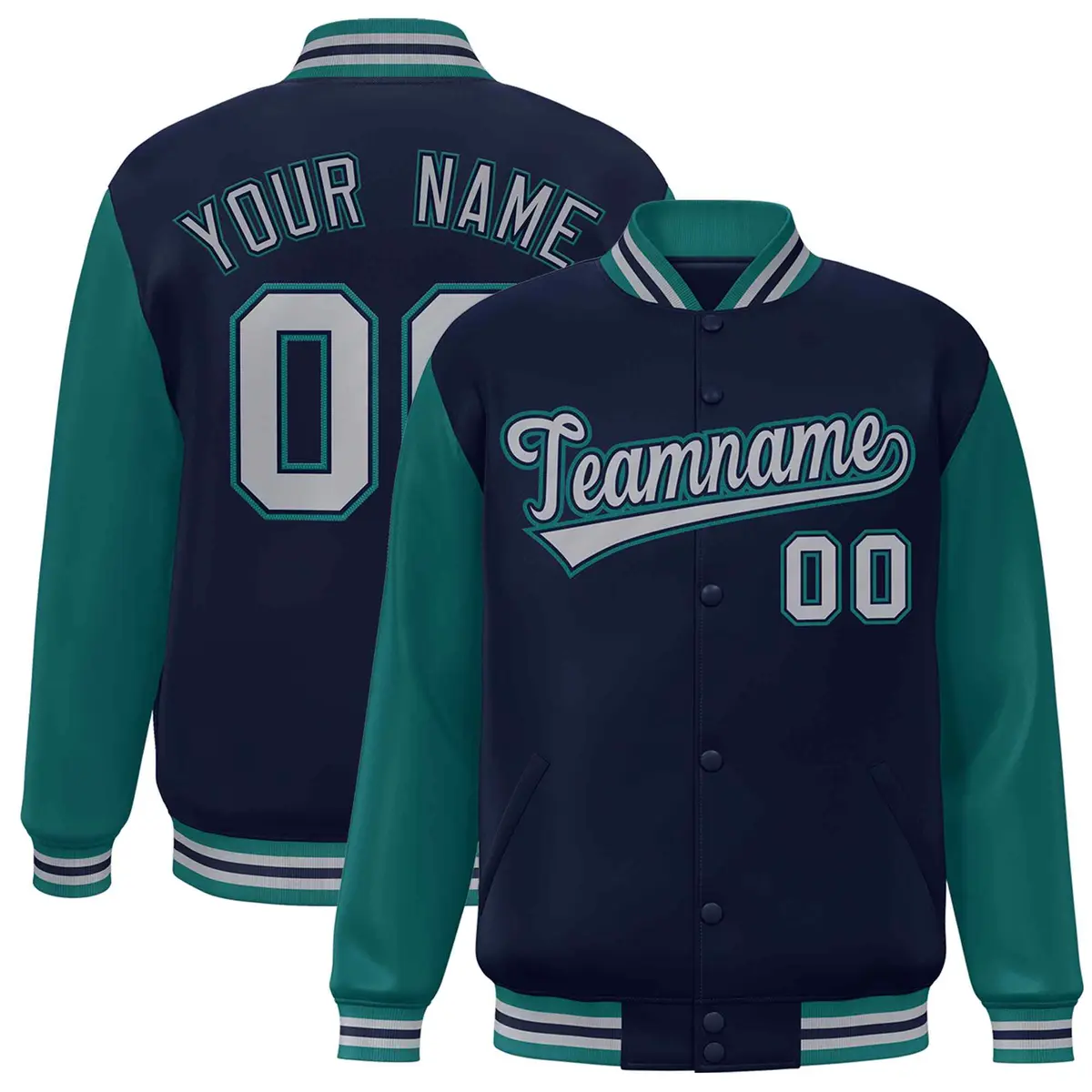 Navy Gray-Navy Raglan Varsity Full-Snap Letterman Jacket