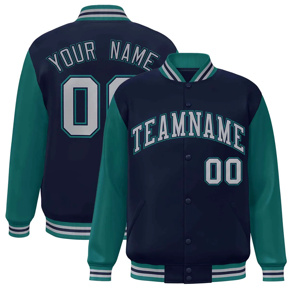 Navy Gray-Navy Raglan Varsity Full-Snap Letterman Jacket