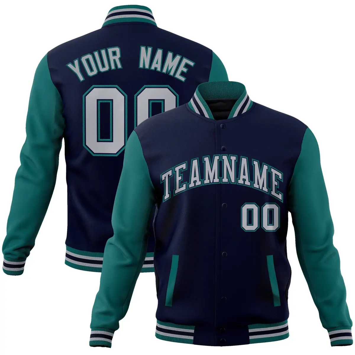 Navy Gray-Navy Raglan Varsity Full-Snap Letterman Jacket