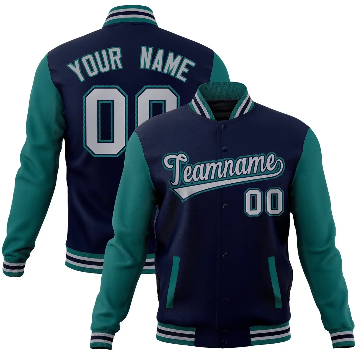 Navy Gray-Navy Raglan Varsity Full-Snap Letterman Jacket