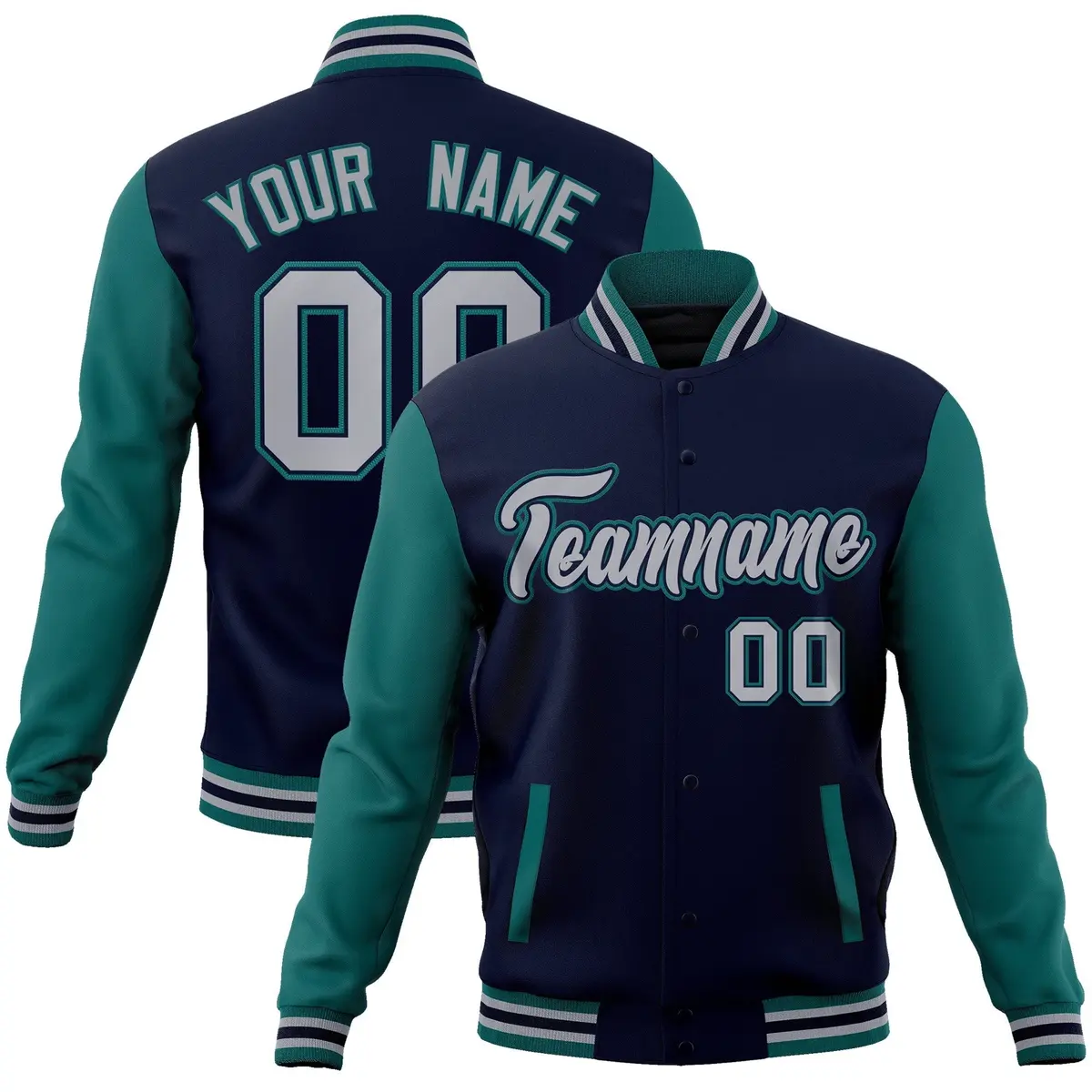 Navy Gray-Navy Raglan Varsity Full-Snap Letterman Jacket