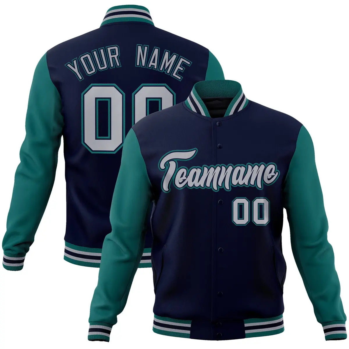 Navy Gray-Navy Raglan Varsity Full-Snap Letterman Jacket
