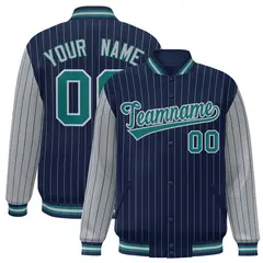 Navy Gray Pinstripe Raglan Full-Snap Letterman Baseball Jacket