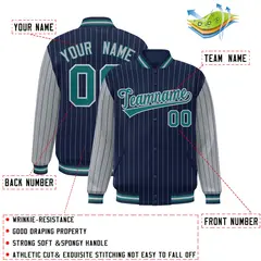 Navy Gray Pinstripe Raglan Full-Snap Letterman Baseball Jacket 2