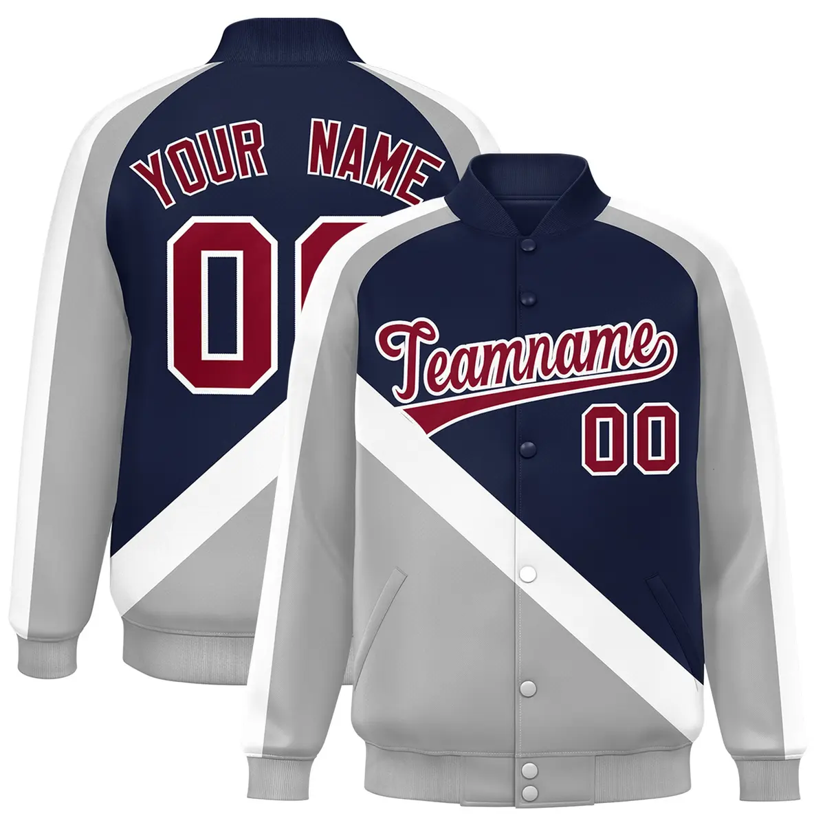 Navy Gray Raglan Varsity Full-Snap Letterman Baseball Jacket