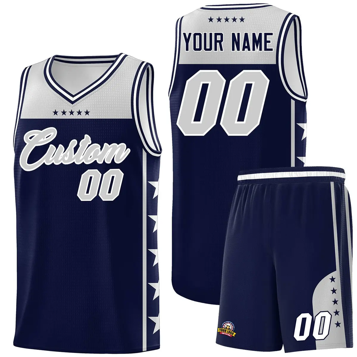 Navy Gray Star Pattern Team Basketball Jersey