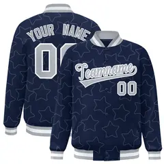 Navy Gray Star Pattern Varsity Full-Snap Letterman Baseball Jacket