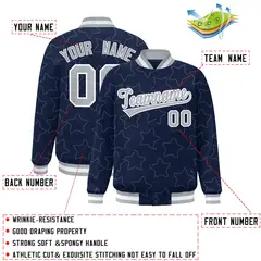 Navy Gray Star Pattern Varsity Full-Snap Letterman Baseball Jacket 2