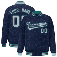 Navy Gray Star Pattern Varsity Full-Snap Letterman Baseball Jacket