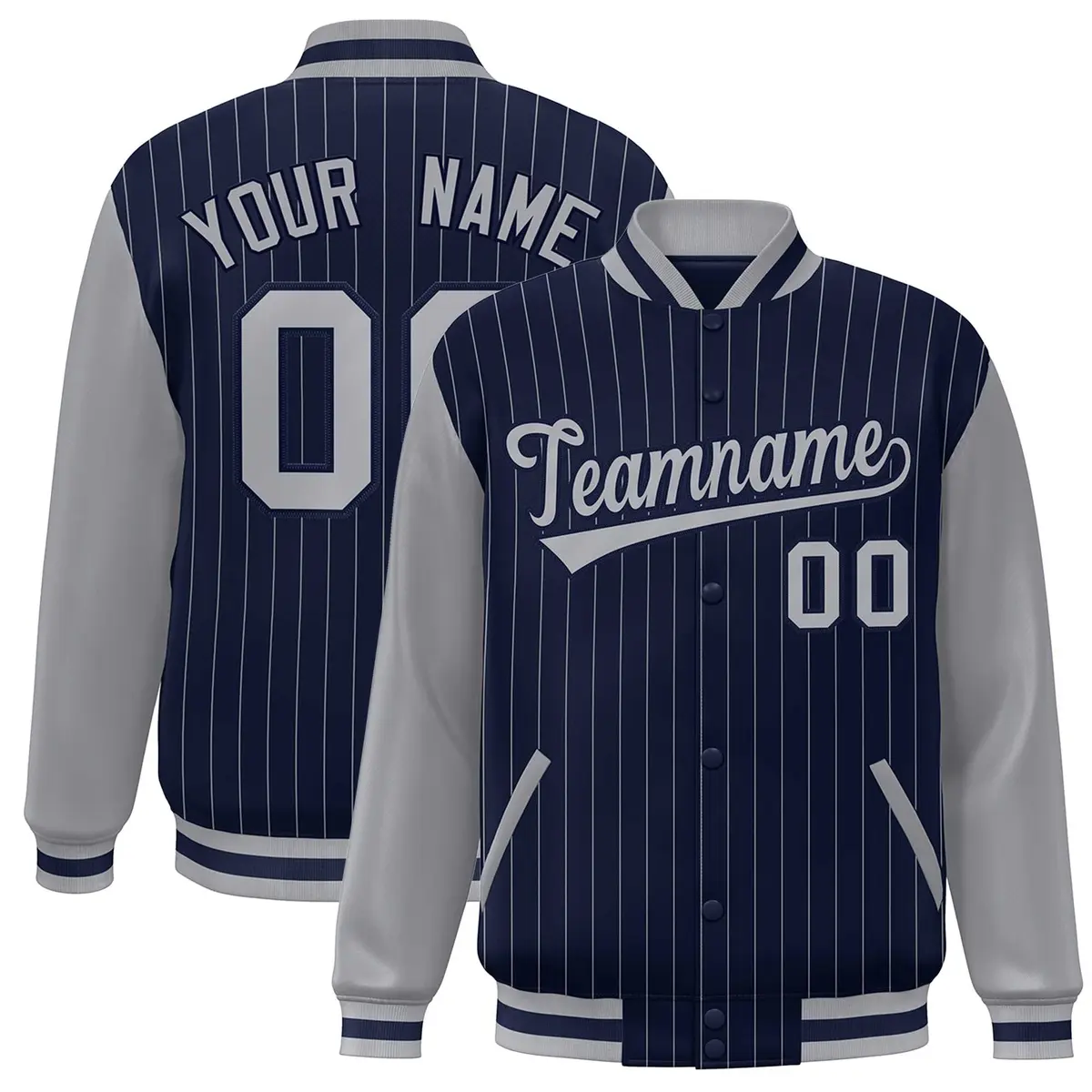 Navy Gray Stripe Varsity Bomber Jacket with Raglan Sleeves