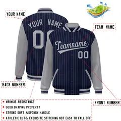 Navy Gray Stripe Varsity Bomber Jacket with Raglan Sleeves 2