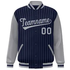 Navy Gray Stripe Varsity Bomber Jacket with Raglan Sleeves 3