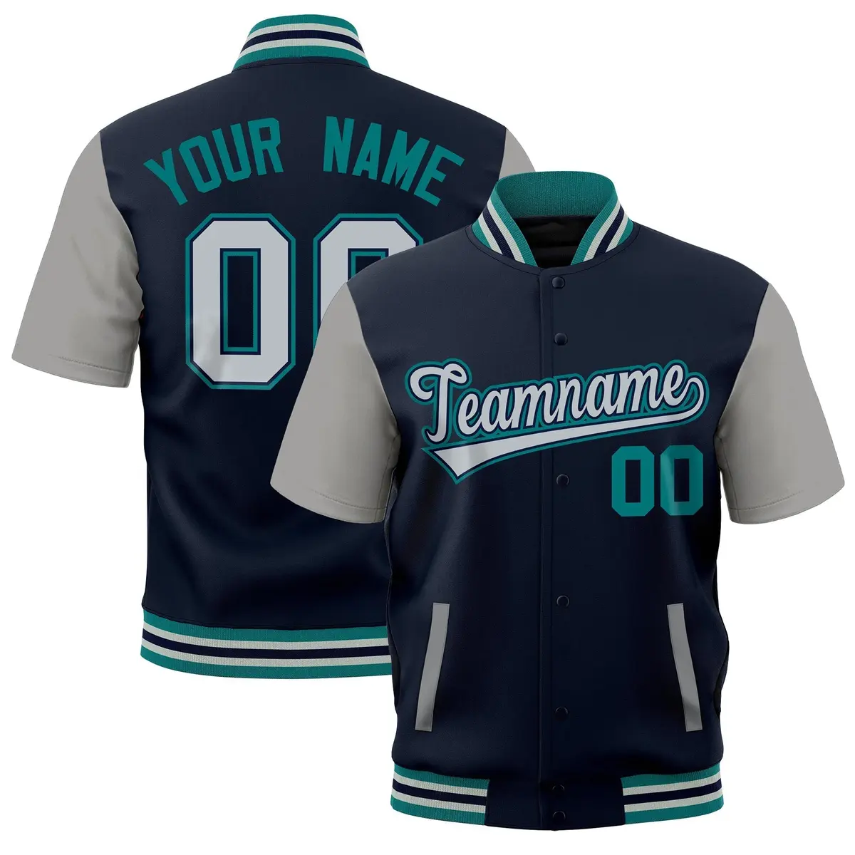 Navy Gray Teal Silver Short Sleeve Full-Snap Varsity Jacket