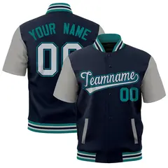 Navy Gray Teal Silver Short Sleeve Full-Snap Varsity Jacket 1