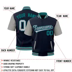 Navy Gray Teal Silver Short Sleeve Full-Snap Varsity Jacket 2