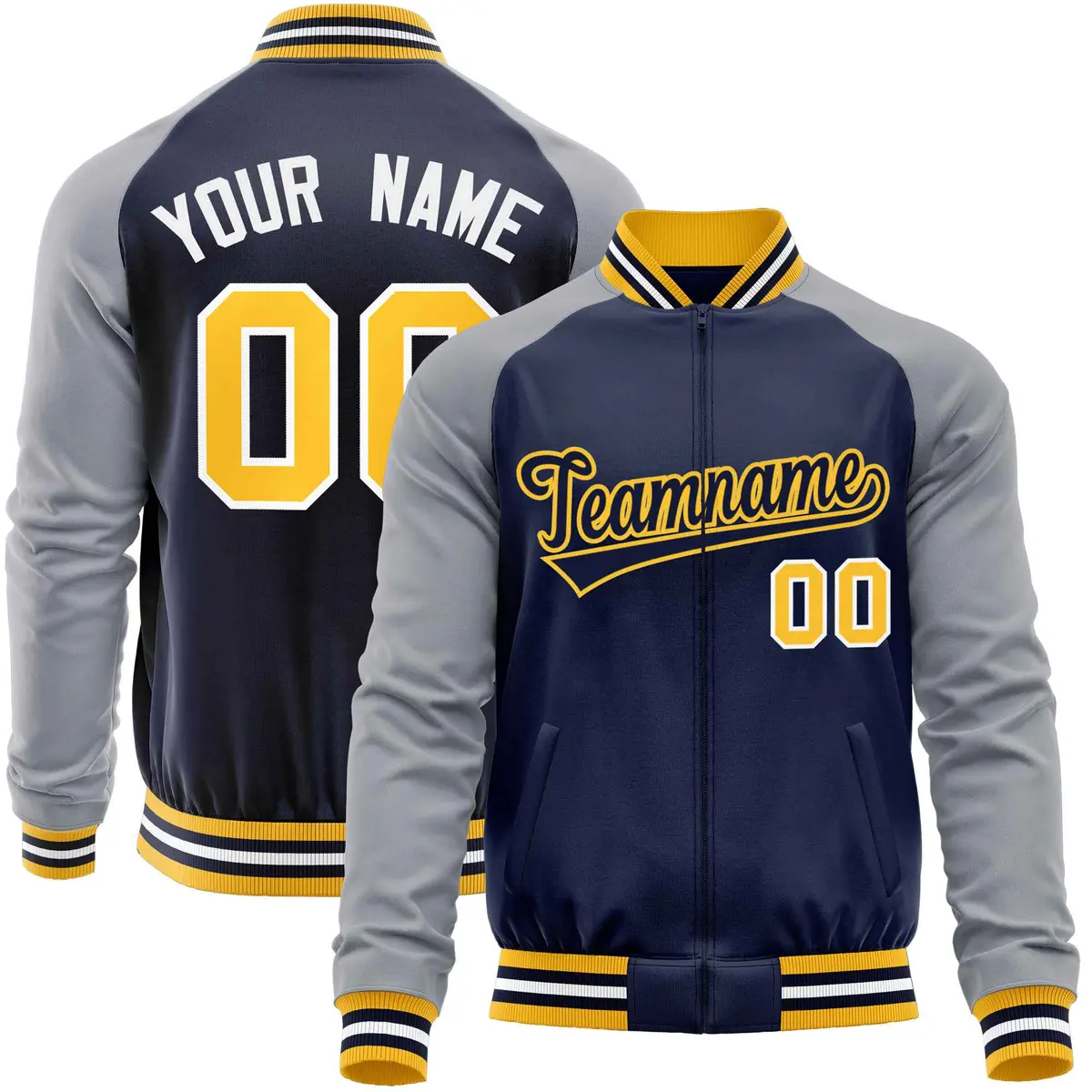 Navy Gray Varsity Full-Zip Raglan Letterman Baseball Jacket