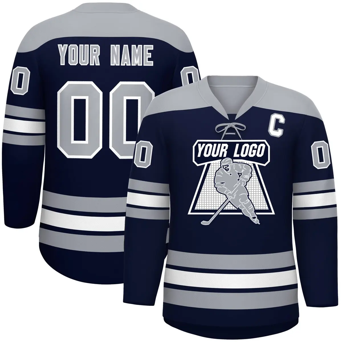 Navy Gray White Classic Lace-Up Neck Hockey Jersey