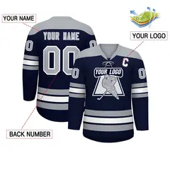 Navy Gray White Classic Lace-Up Neck Hockey Jersey 2