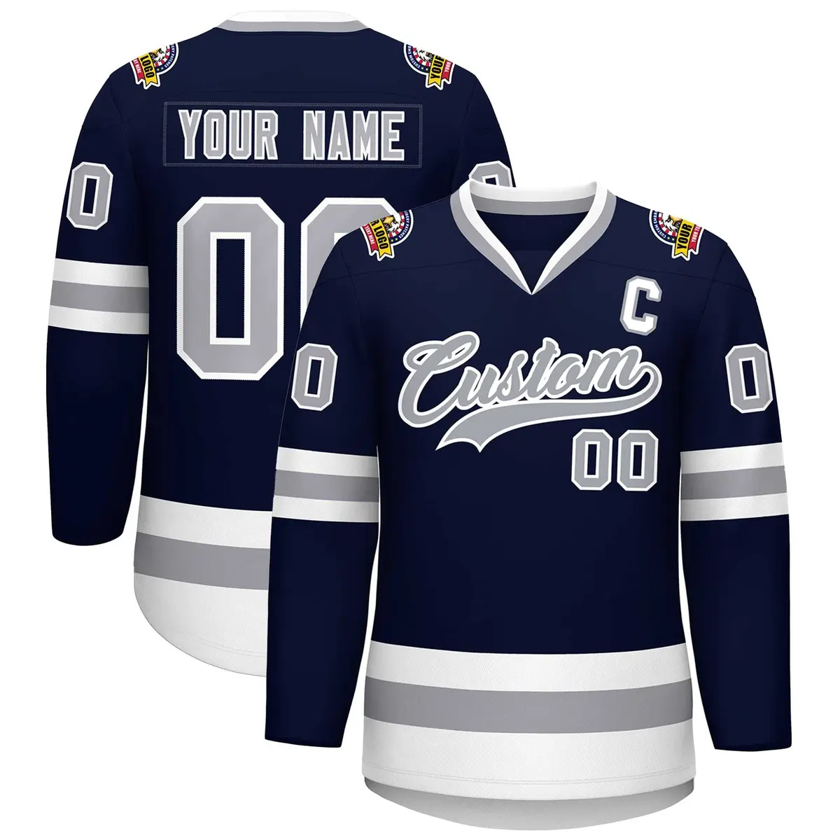 Navy Gray-White Classic Style Hockey Jersey