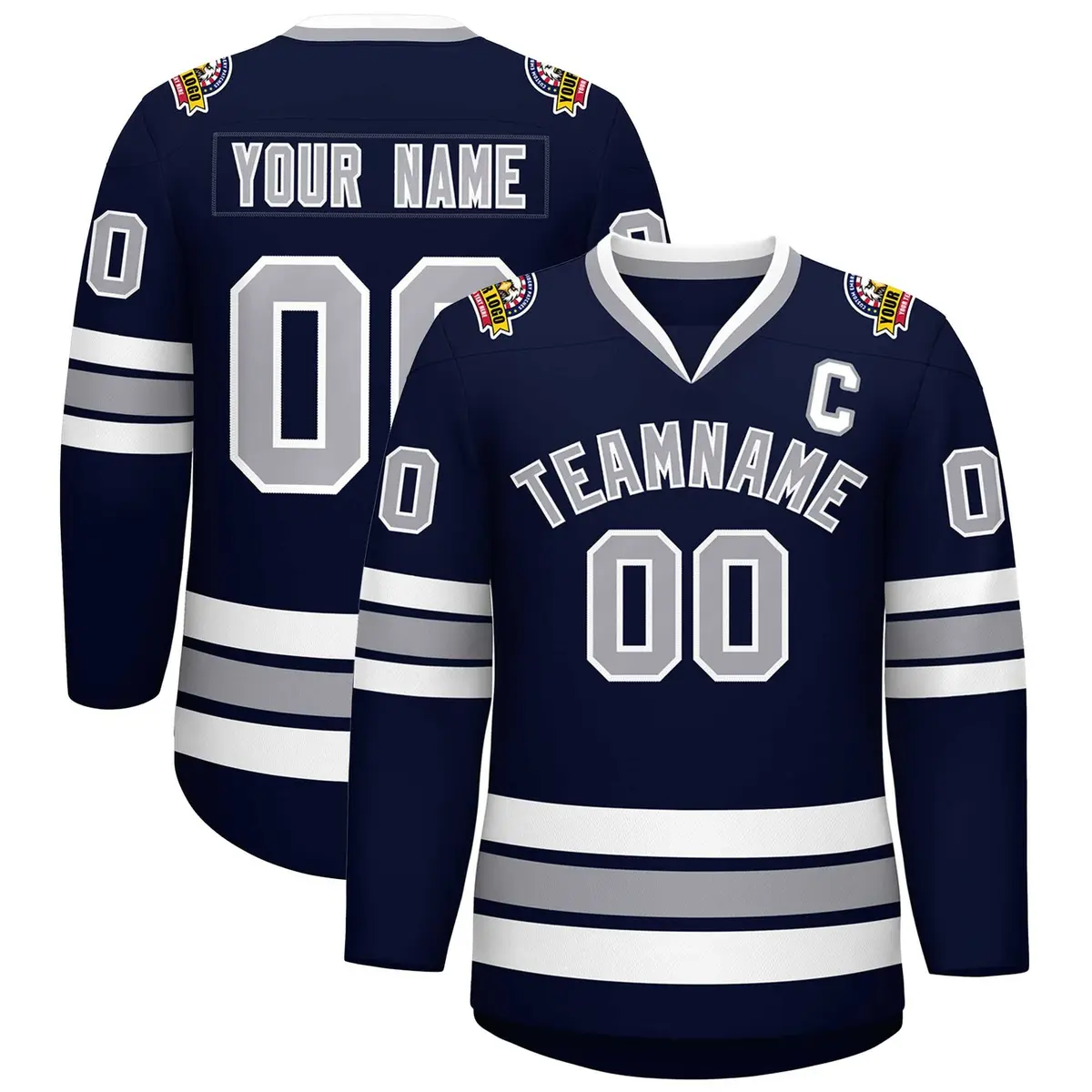 Navy Gray-White Classic Style Hockey Jersey