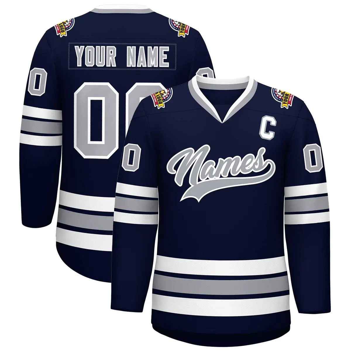 Navy Gray-White Classic Style Hockey Jersey