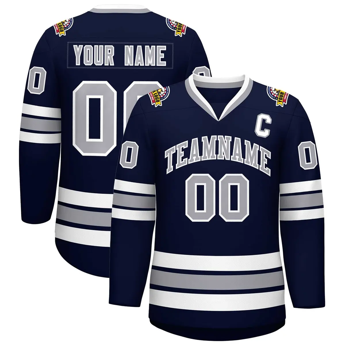 Navy Gray-White Classic Style Hockey Jersey