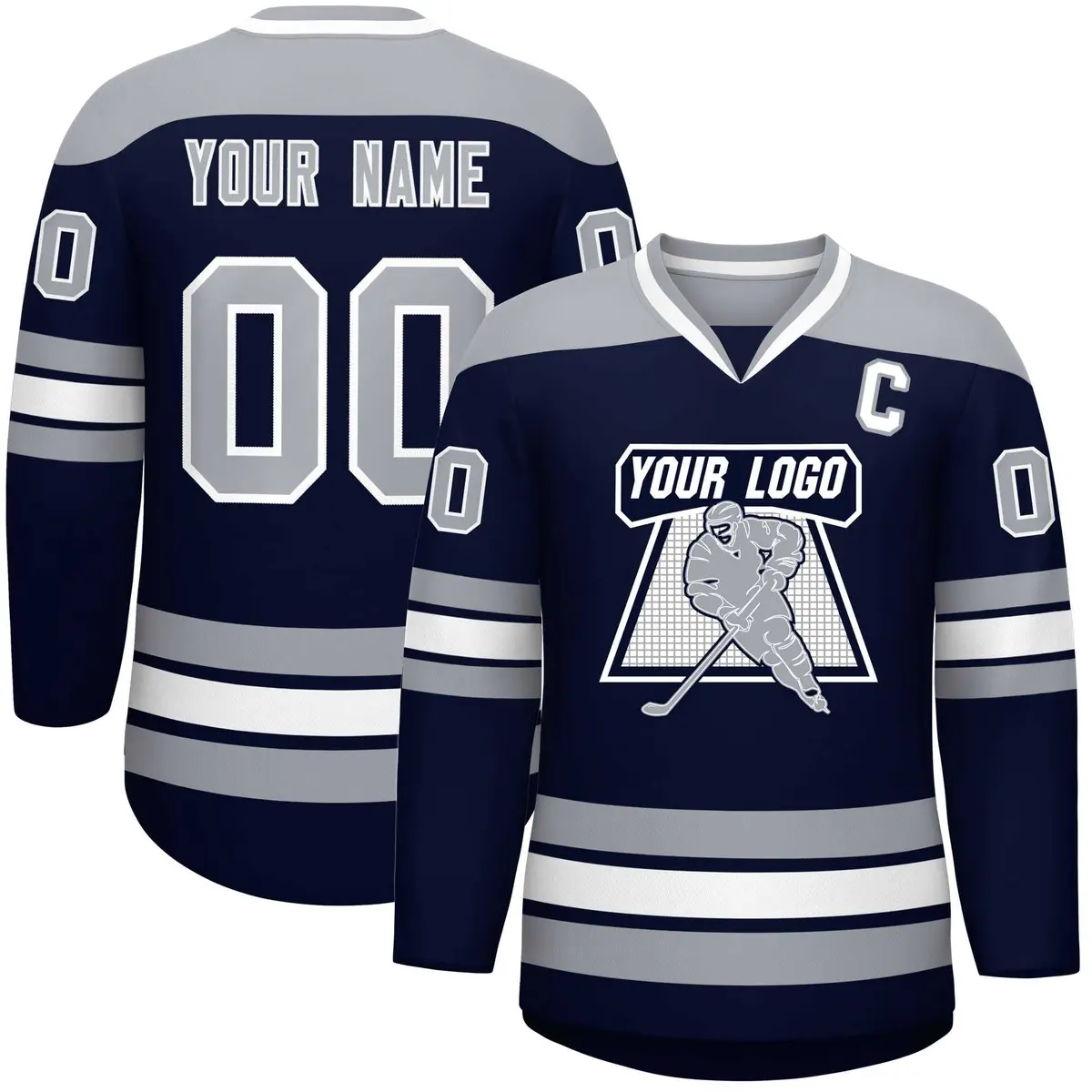 Navy Gray-White Classic V-Neck Hockey Jersey