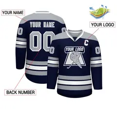 Navy Gray-White Classic V-Neck Hockey Jersey 2