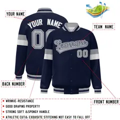Navy Gray-White Color Block Varsity Full-Snap Baseball Jacket 2