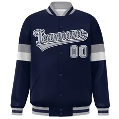 Navy Gray-White Color Block Varsity Full-Snap Baseball Jacket 3
