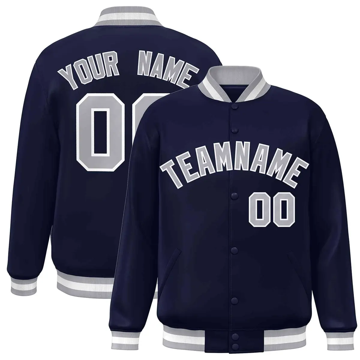 Navy Gray-White Full-Snap Varsity Letterman Jacket
