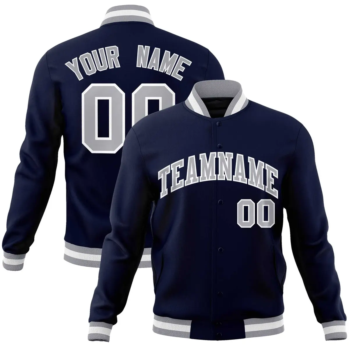Navy Gray-White Full-Snap Varsity Letterman Jacket
