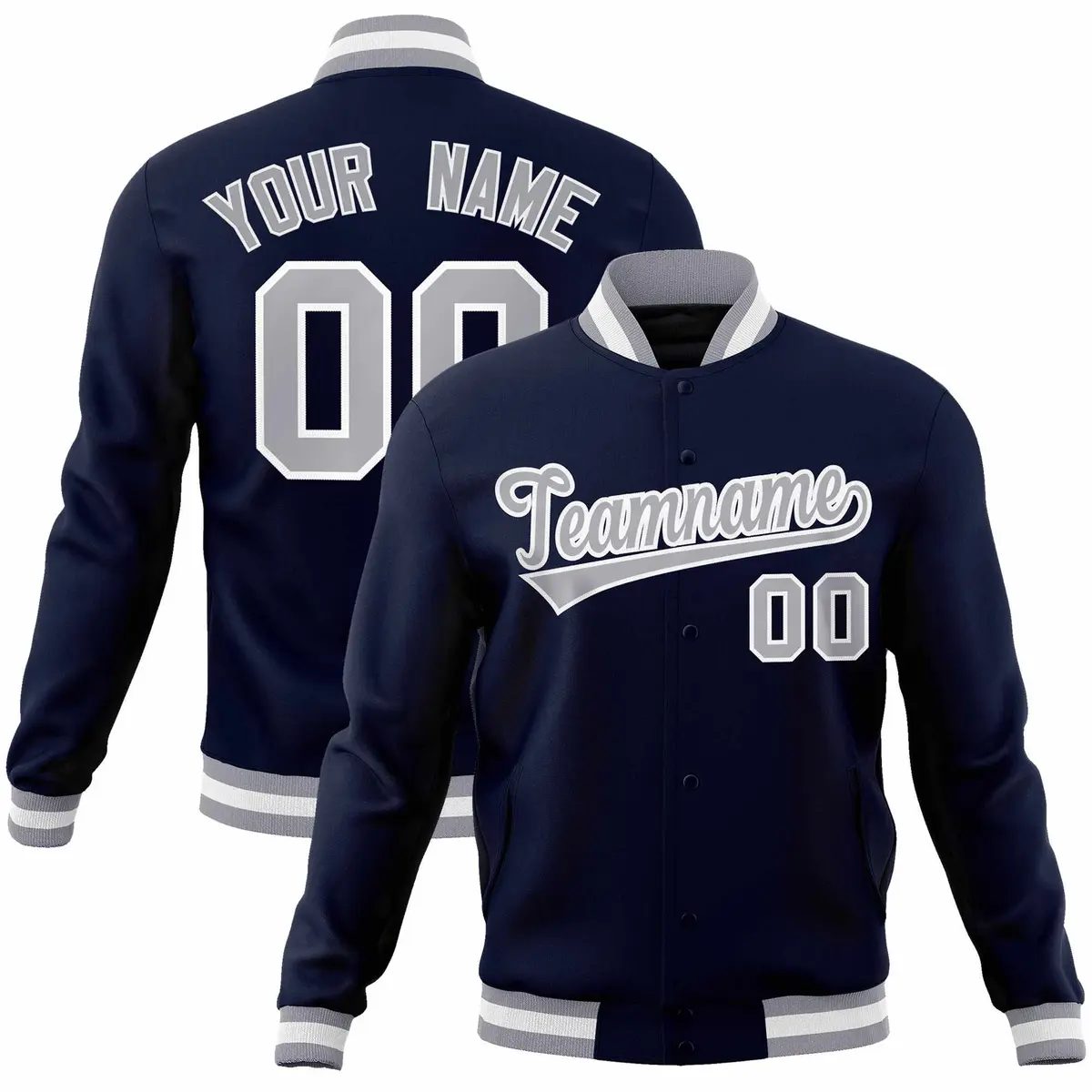 Navy Gray-White Full-Snap Varsity Letterman Jacket