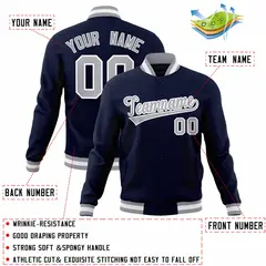 Navy Gray-White Full-Snap Varsity Letterman Jacket 4