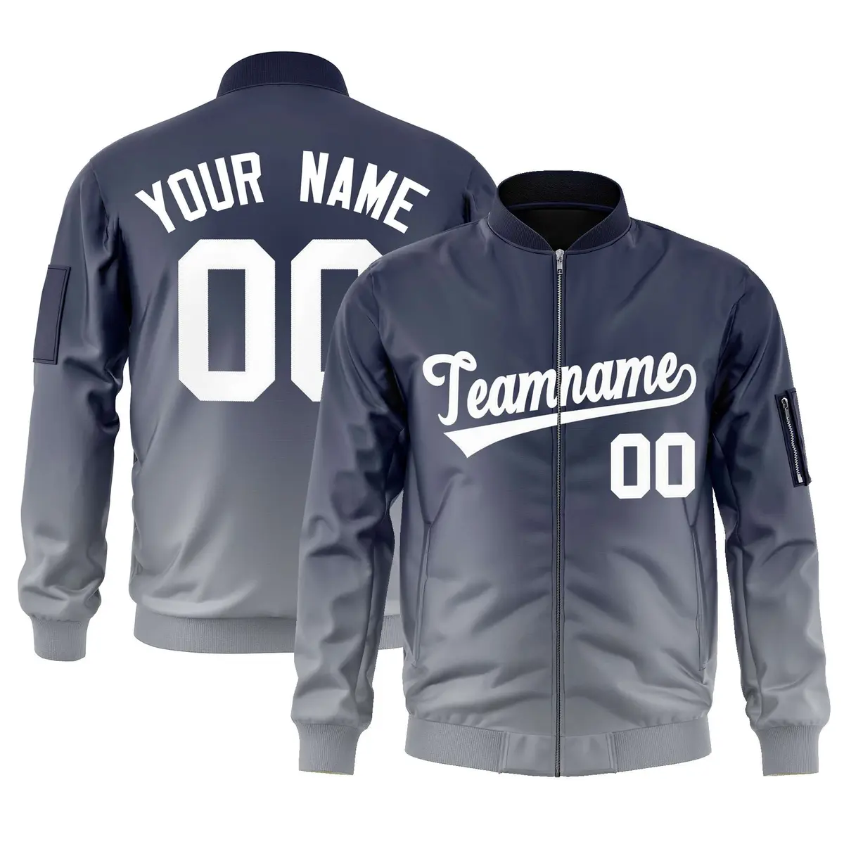 Navy Gray-White Gradient Varsity Full-Zip Letterman Bomber Jacket