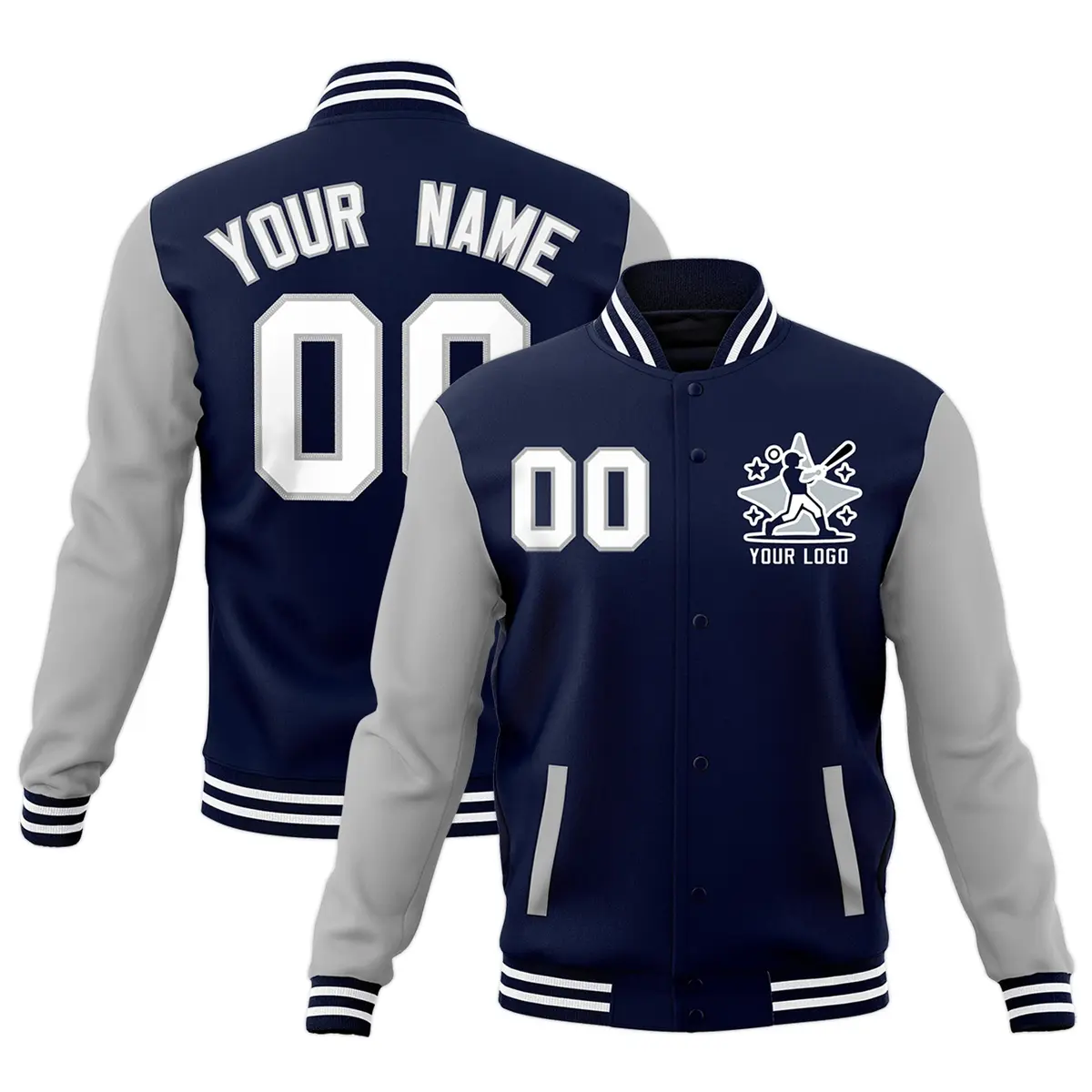 Navy Gray White Raglan Full-Snap Letterman Cotton Jacket